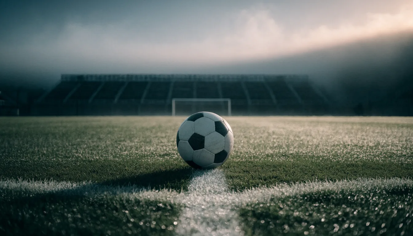 Ein einzelner Fussball liegt auf dem Anstosspunkt eines leeren Rasenplatzes am frühen Morgen, Tau glitzert auf dem Gras, die Tribüne liegt im Dunst.
