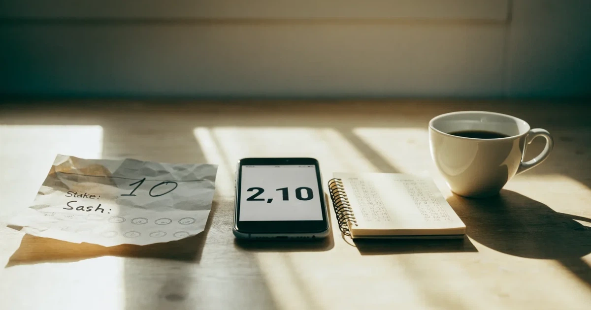 Ein Taschenrechner und ein Bleistift liegen auf einem hellen Küchentisch neben einer Tasse Kaffee, Sonnenlicht fällt schräg über die Tischplatte.