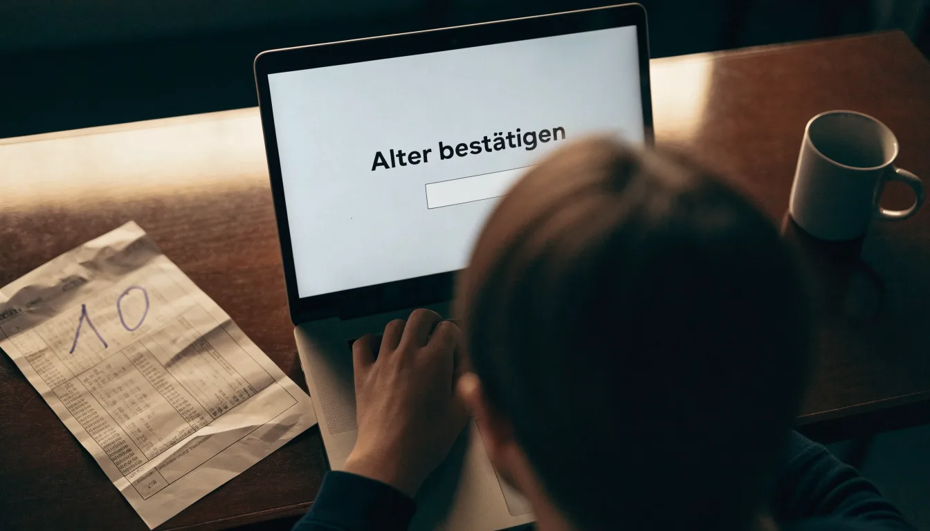 Eine Waage aus Messing steht auf einem polierten Schreibtisch vor einem Fenster mit Blick auf Dächer und sanfte Hügel.