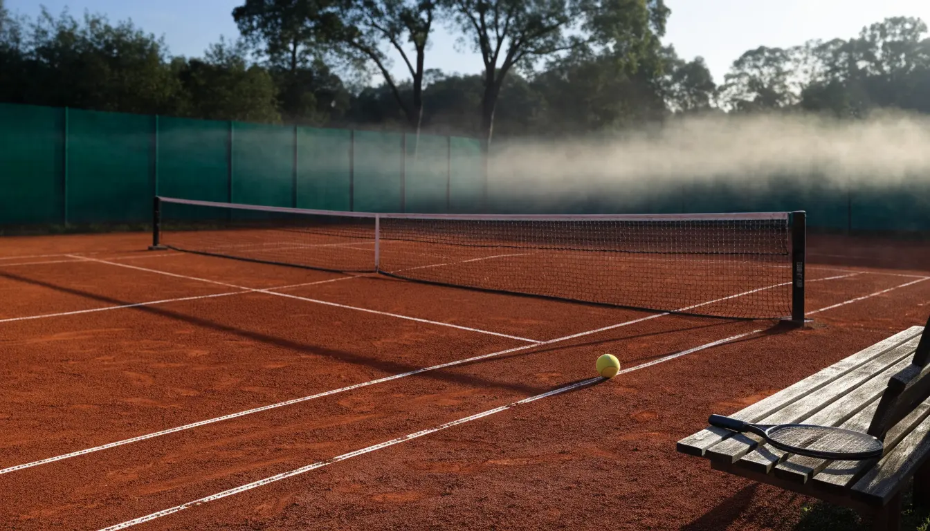 Ein Tennisplatz bei Sonnenaufgang, die Linien frisch gezogen, das Netz in der Mitte und Nebel über dem Boden.