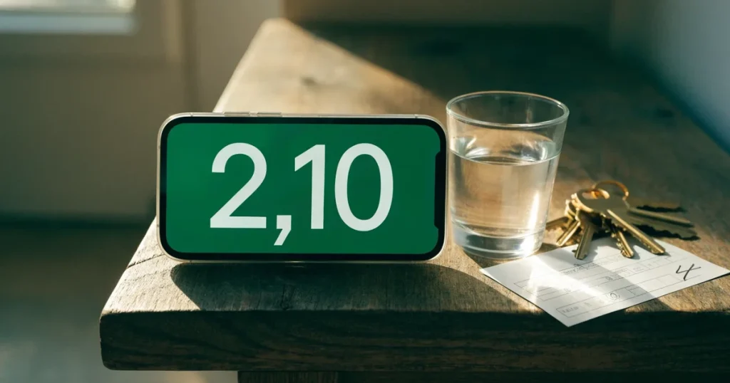 Ein Smartphone mit schwarzem Display liegt auf einem Holztisch neben einem Glas Wasser und einem Schlüsselbund.