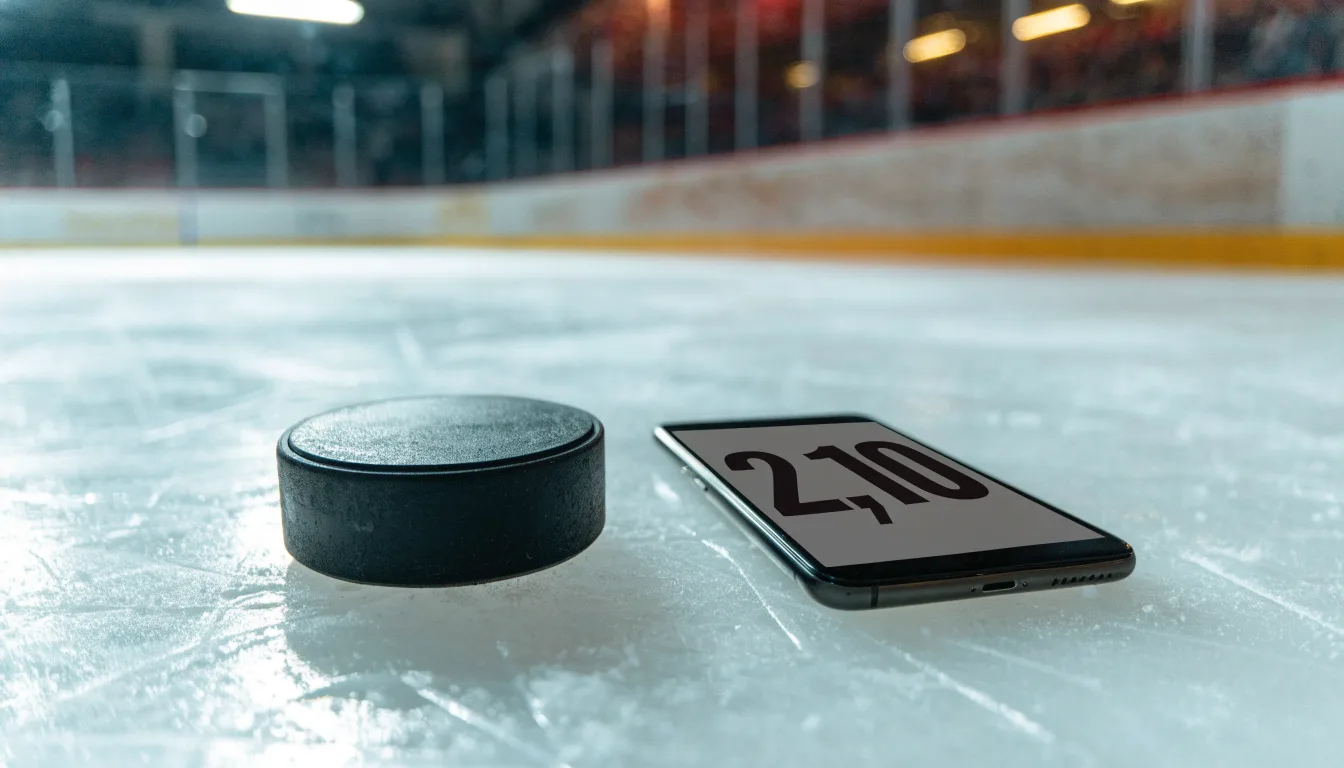 Ein Eishockeypuck liegt auf dem Eis, im Hintergrund unscharf die Bande unter hellem Hallenlicht.