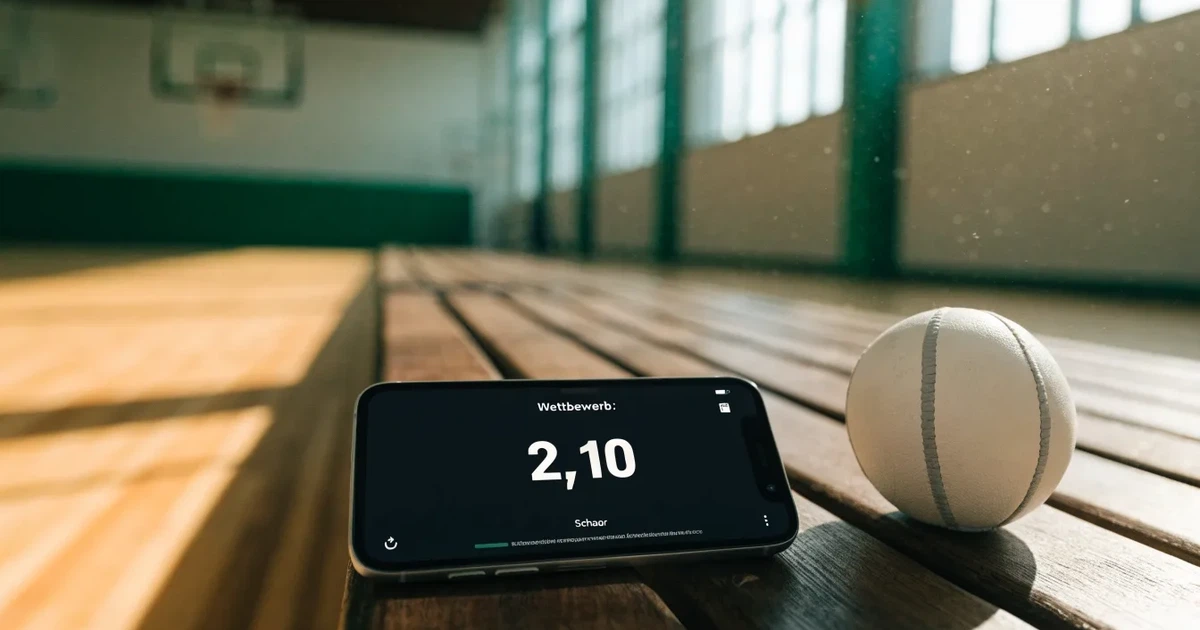 Fünf Sportbälle verschiedener Sportarten stehen in einer Reihe auf einer Holzbank in einer Turnhalle, Licht fällt durch hohe Fenster.