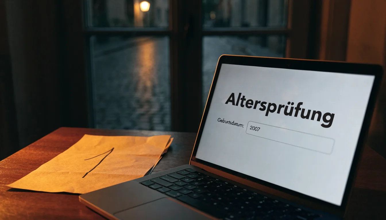 Eine Strassenlaterne in einer leeren Gasse am Abend, das nasse Kopfsteinpflaster spiegelt das warme Licht.