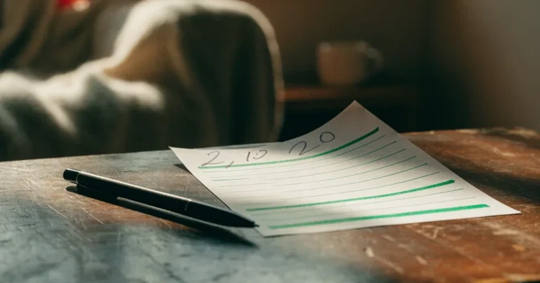 Ein leerer Wettschein aus Papier liegt neben einem Kugelschreiber auf einem Holztisch, weiches Licht fällt von der Seite.