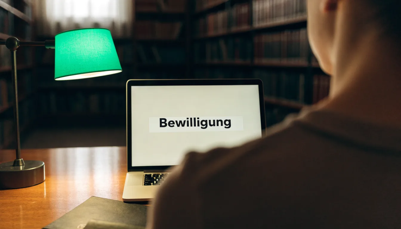 Eine Bibliothek mit hohen Holzregalen voller Bücher, im Vordergrund ein Lesetisch mit grüner Lampe.