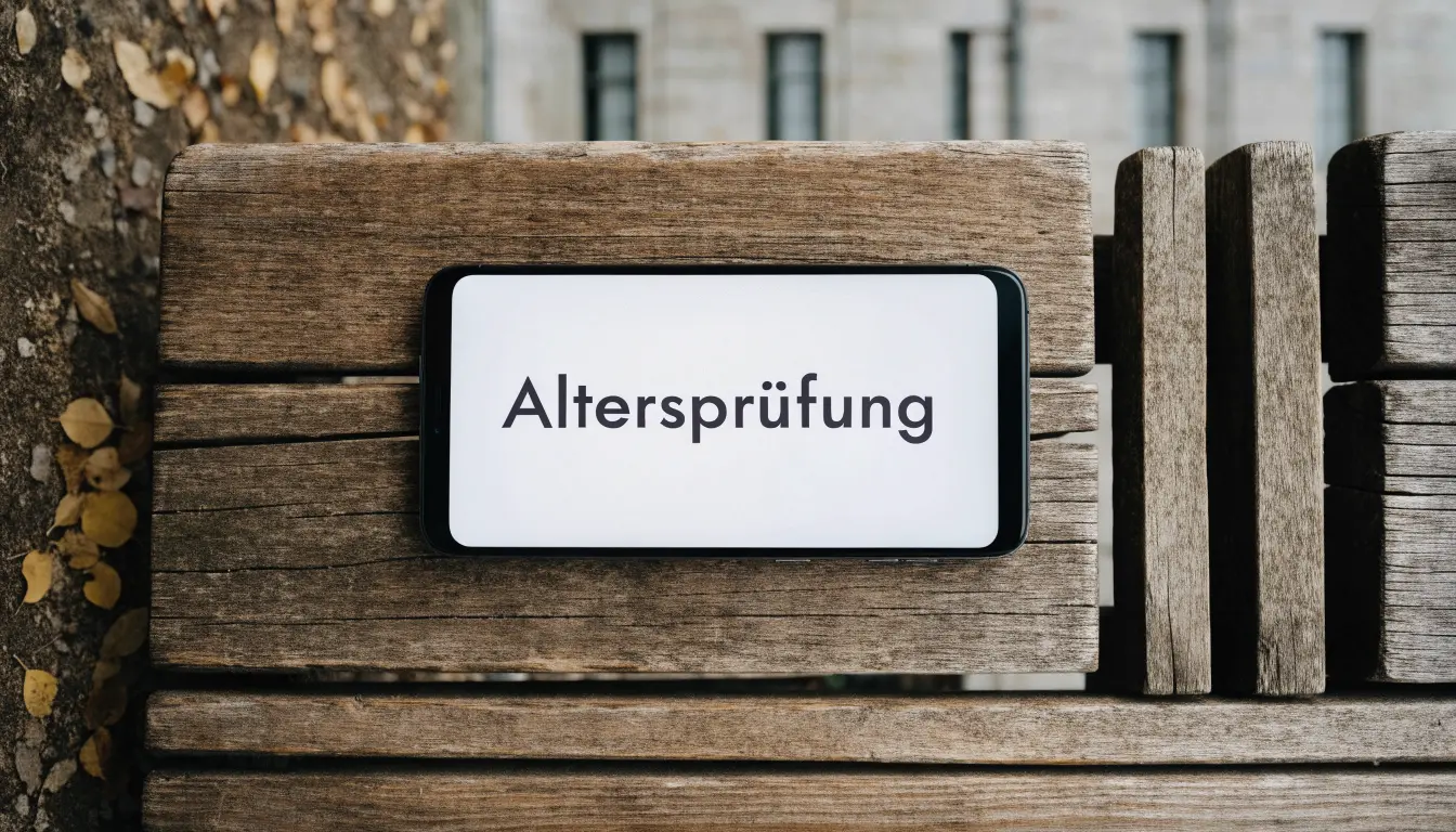 Eine Holzbank steht vor einem Verwaltungsgebäude aus Stein mit hohen Fenstern, Herbstlaub liegt auf dem Boden.
