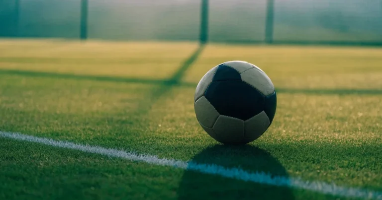 Ein Fussball und ein Massband liegen auf kurz geschnittenem Rasen neben einer Kreidelinie, Morgenlicht von der Seite.