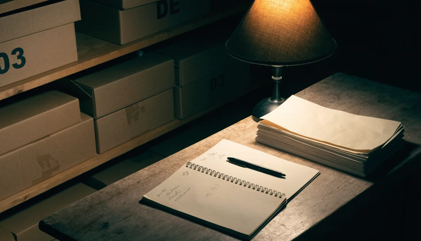 Ein alter Holztresen mit einem Notizbuch und einem Taschenrechner in warmem Lampenlicht, Regale im Hintergrund.