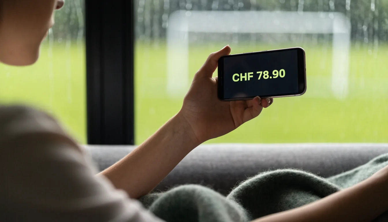 Ein Sofa mit Wolldecke steht vor einem grossen Fenster, draussen Regen und in der Ferne ein Fussballplatz.