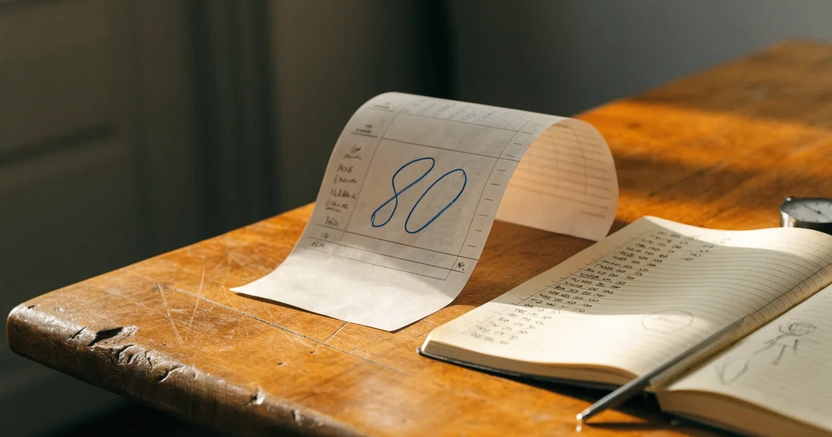 Ein aufgeschlagenes Notizbuch mit handschriftlichen Notizen und Skizzen liegt neben einer Stoppuhr auf einem Holztisch.