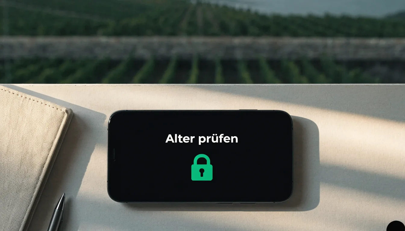 Eine Mauer aus Natursteinen am Wegrand, dahinter Weinberge, die zu einem See hinabführen.