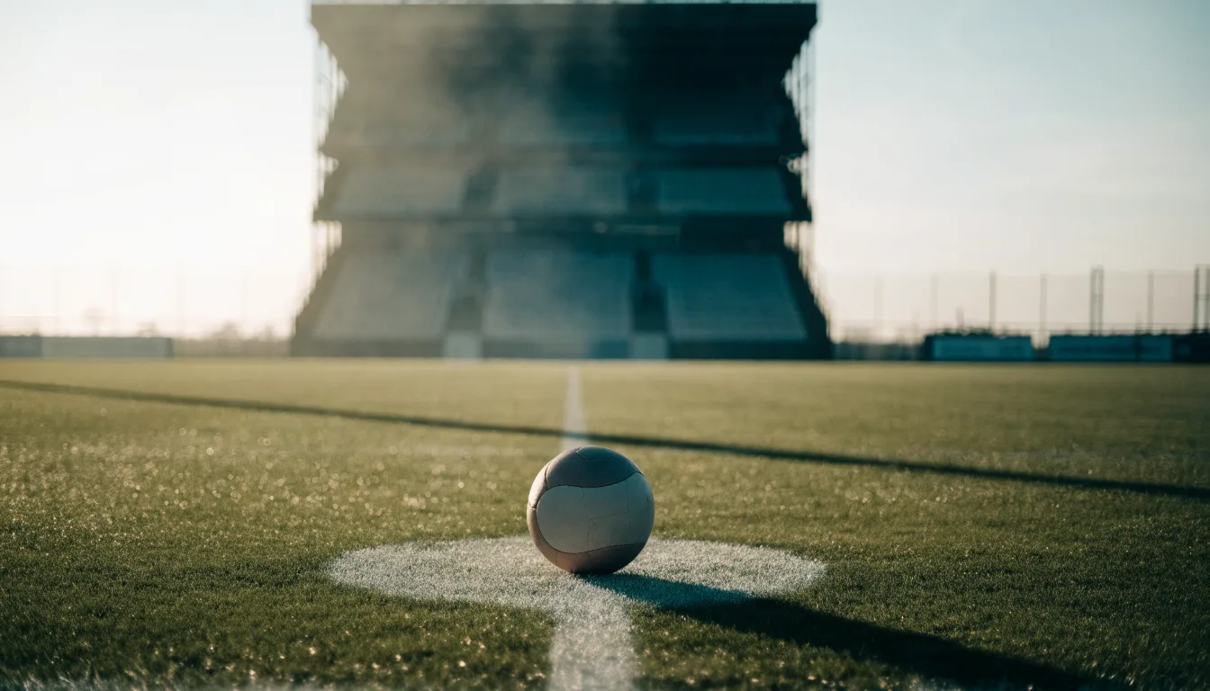 Ein Fussball liegt auf dem Anstosspunkt eines leeren Rasenplatzes im frühen Morgenlicht, dahinter erhebt sich eine menschenleere Tribüne.