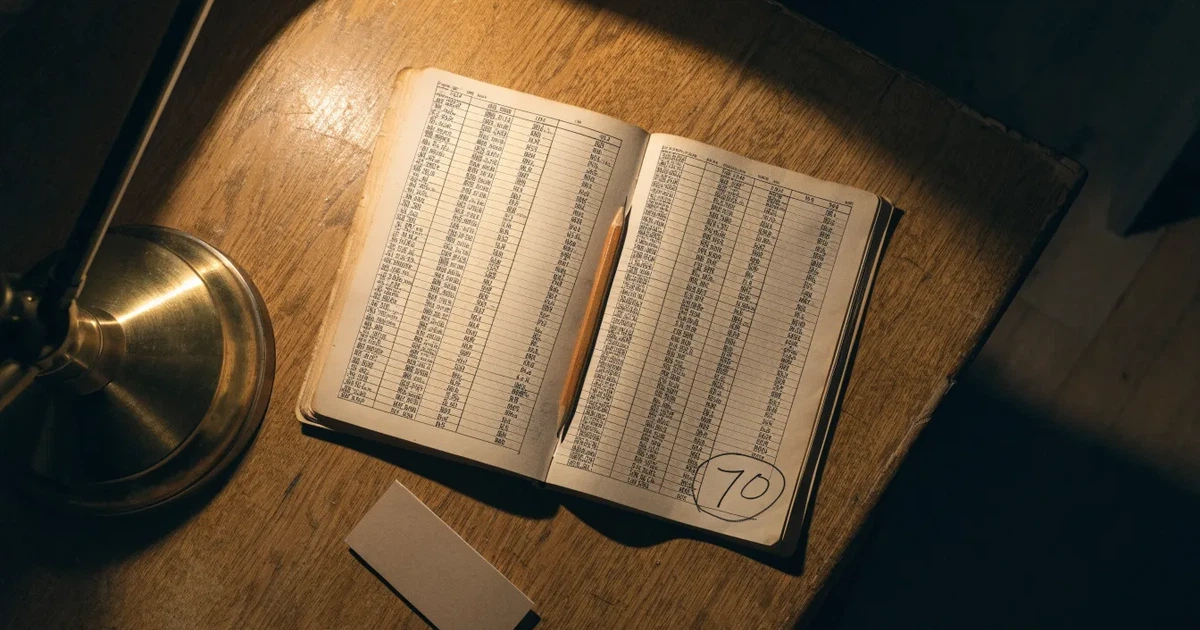 Ein aufgeschlagenes Notizbuch mit handschriftlichen Strichlisten und Spalten liegt neben einem Bleistift auf einem Holztisch im warmen Licht einer Schreibtischlampe.