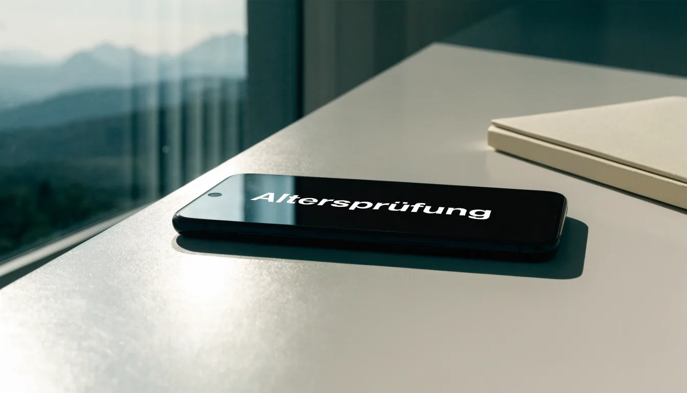 Eine Waage aus Messing steht auf einem polierten Schreibtisch in einem hellen Büro, durch das Fenster sind ferne Berge zu sehen.