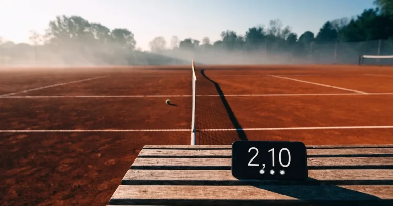 Ein Sandplatz für Tennis liegt bei Sonnenaufgang still da, das Netz wirft einen langen Schatten über die weissen Linien.