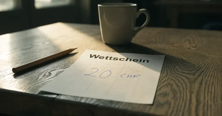 Ein leerer Wettschein aus Papier liegt auf einem Holztisch neben einem Bleistift und einem Kaffeebecher.
