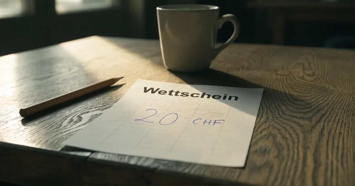 Ein leerer Wettschein aus Papier liegt auf einem Holztisch neben einem Bleistift und einem Kaffeebecher.