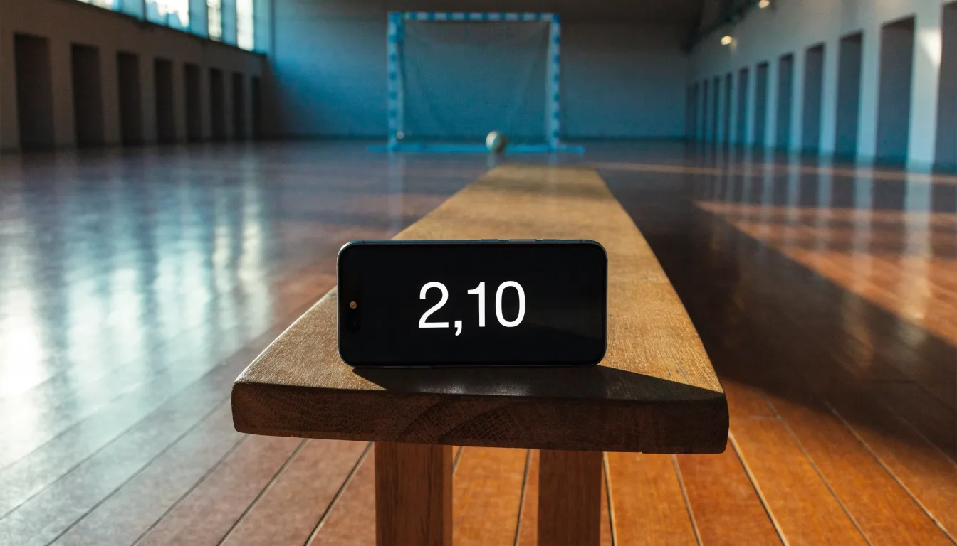 Ein Handballtor in einer leeren Sporthalle, der Ball liegt im Torraum und das Hallenlicht spiegelt sich im Parkett.