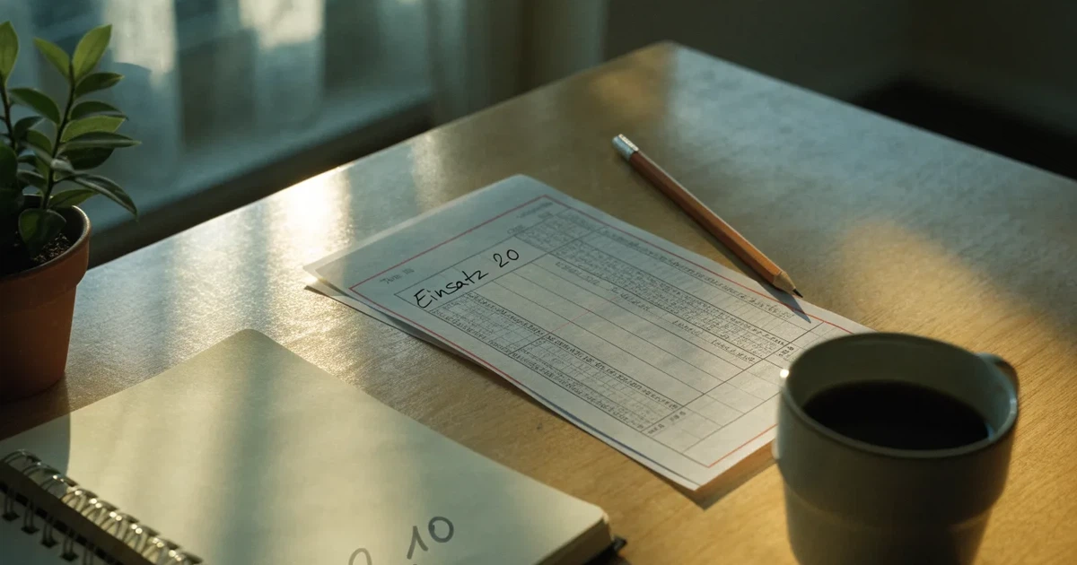 Ein Taschenrechner und ein Bleistift liegen auf kariertem Papier neben einer Tasse Kaffee, ein Fensterplatz mit Tageslicht.