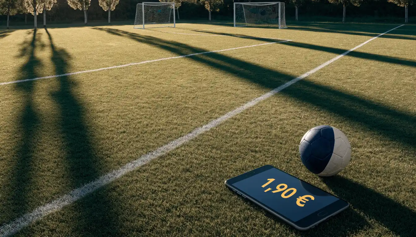 Ein leerer Fussballplatz mit weissen Linien von oben gesehen im Morgenlicht, am Rand stehen zwei Tore und eine Reihe Pappeln.