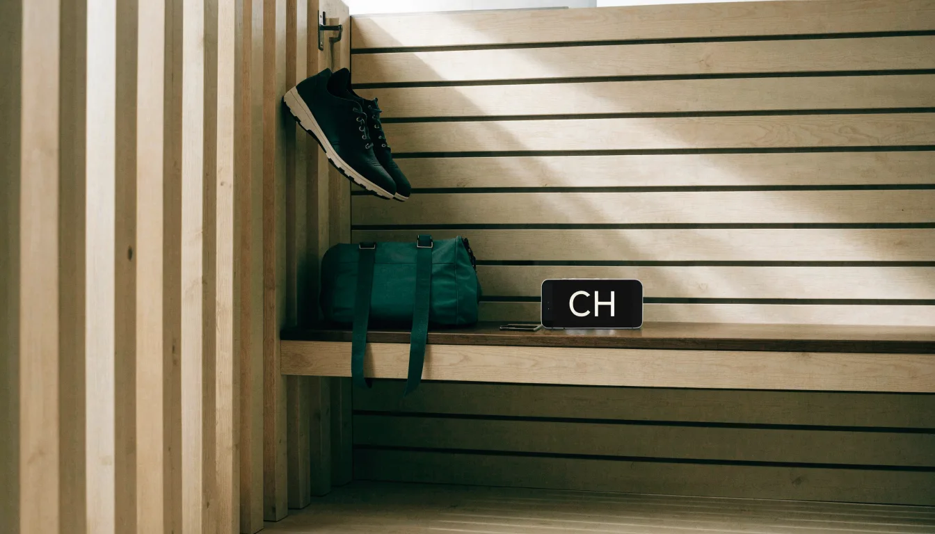 Ein Paar Fussballschuhe hängt an einem Haken in einer ruhigen Umkleide, darunter steht eine Sporttasche auf einer Holzbank.