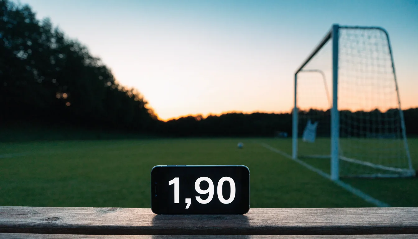 Ein Fussballtor ohne Netz steht auf einer Wiese am Waldrand, die Abenddämmerung färbt den Himmel orange.