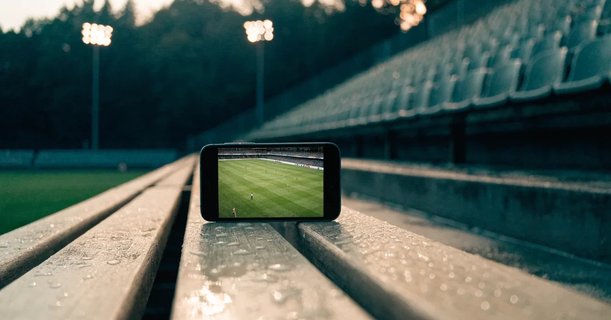 Eine Reihe leerer Sitzschalen auf der Tribüne eines kleinen Stadions, auf den Stufen glänzt Regenwasser.