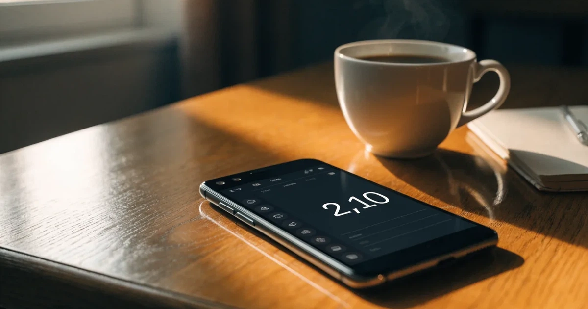 Ein Smartphone mit dunklem Display liegt auf einem Holztisch neben einer Kaffeetasse, durch das Fenster fällt warmes Abendlicht.