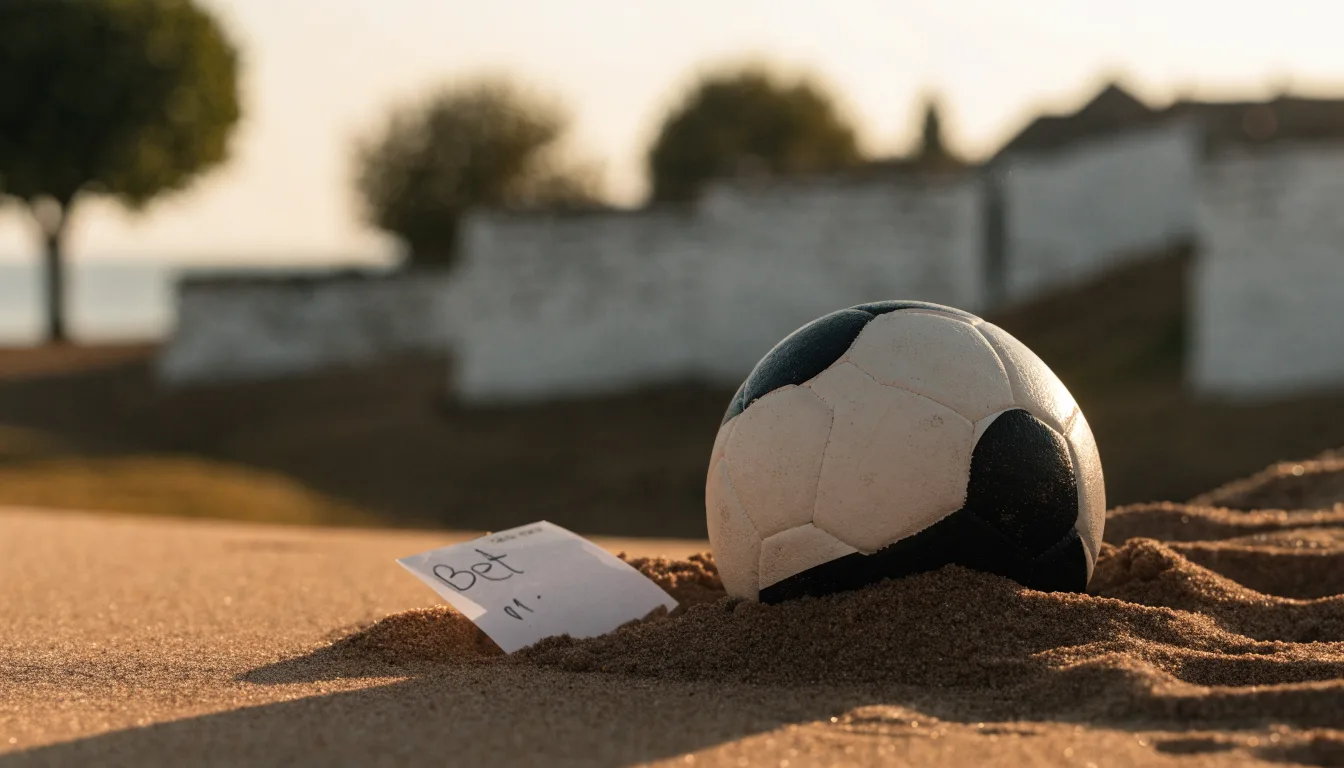 Ein Fussball liegt auf rotbraunem Sand am Rand eines Dorfes, die Abendsonne wirft lange Schatten.