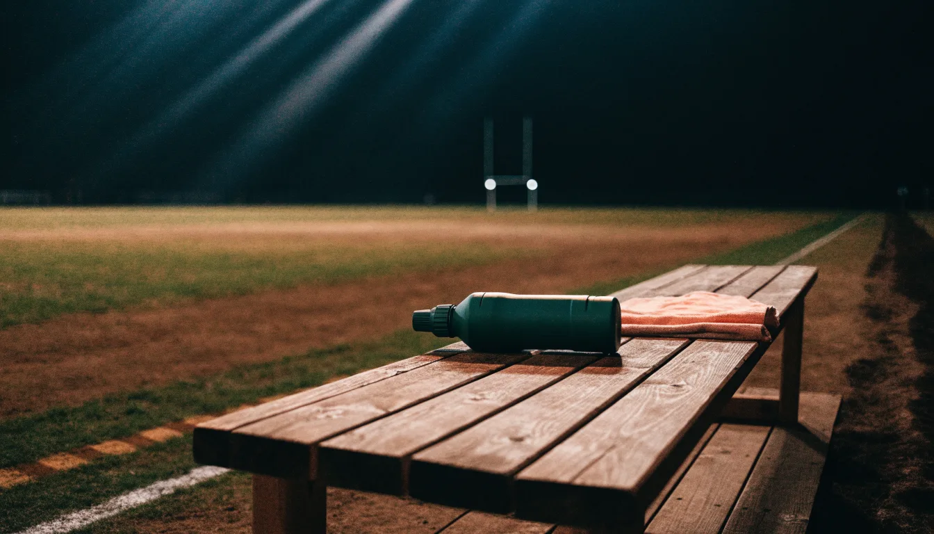 Eine Trinkflasche und ein Handtuch liegen auf einer Holzbank am leeren Spielfeldrand unter dem Licht der Flutlichter.