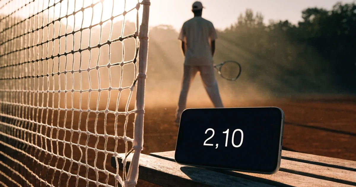 Ein Tennisnetz in Nahaufnahme im Gegenlicht der tiefstehenden Sonne, feine Staubkörner schweben über dem Platz.