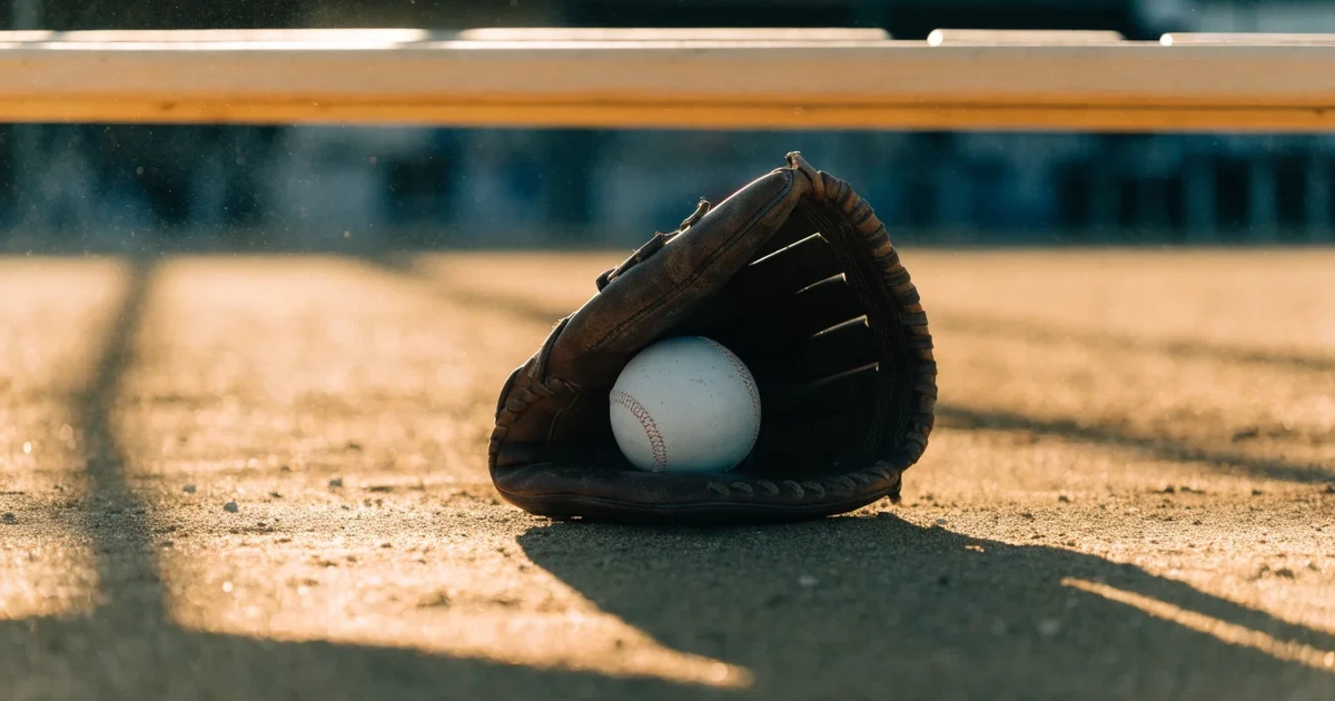 Ein Lederhandschuh und ein Ball liegen auf dem Sandboden eines leeren Spielfelds, die tiefstehende Sonne wirft lange Schatten.