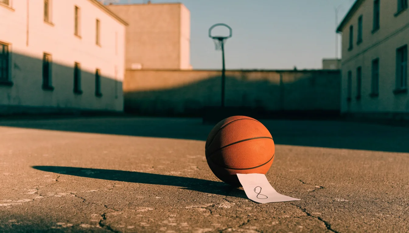 Ein Basketball liegt auf einem Asphaltplatz in einem Hinterhof zwischen Wohnblöcken, das Abendlicht färbt die Wände warm.