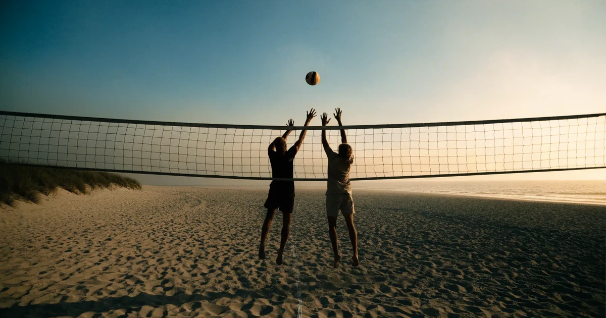 Ein Volleyball liegt auf feinem hellem Sand, ein gespanntes Netz verschwimmt dahinter, das Licht kommt von einem weiten Meer.