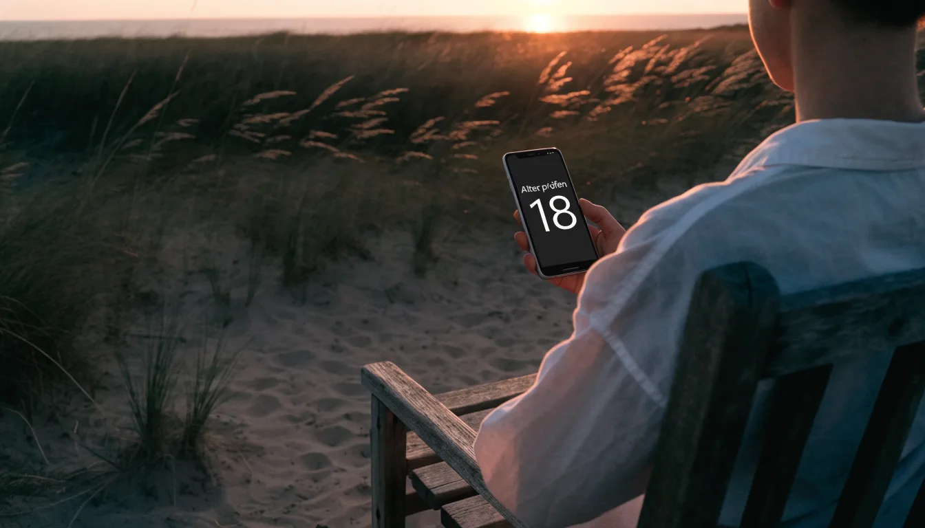 Spuren im Sand führen durch Dünengras auf den Horizont zu, die Sonne steht tief und färbt den Himmel orange.
