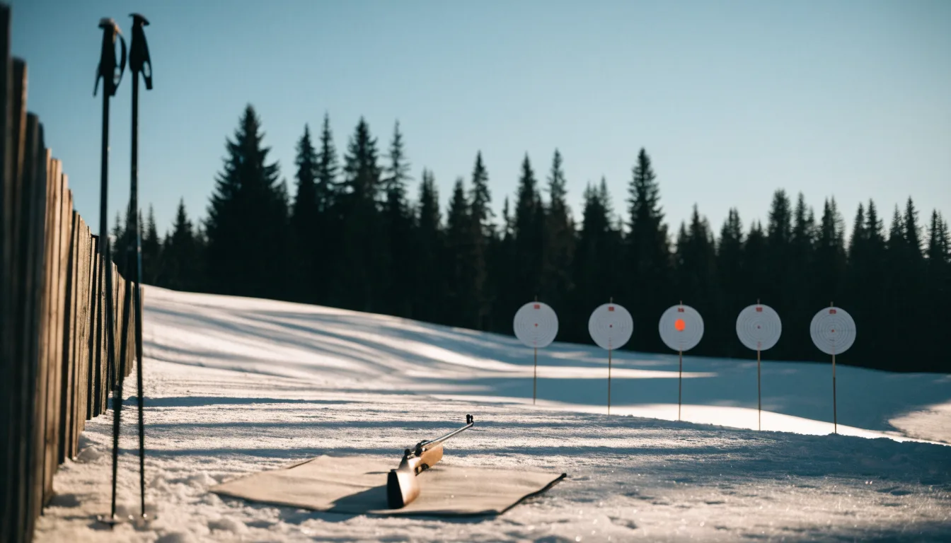 Ein Paar Langlaufskier steckt aufrecht im Schnee neben einem Holzzaun, die Sonne glitzert auf Eiskristallen.