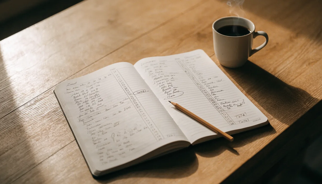 Ein aufgeschlagenes Notizbuch mit handgeschriebenen Spalten und ein Bleistift neben einer Tasse Kaffee auf einem Holztisch am Morgen