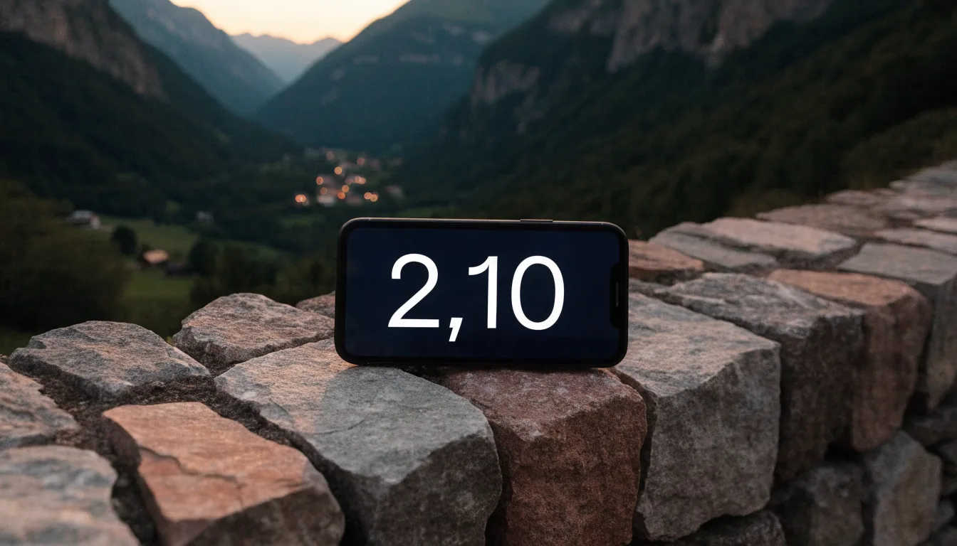 Ein Smartphone mit dunklem Display liegt auf einer Steinmauer, dahinter ein Alpental im Abendlicht