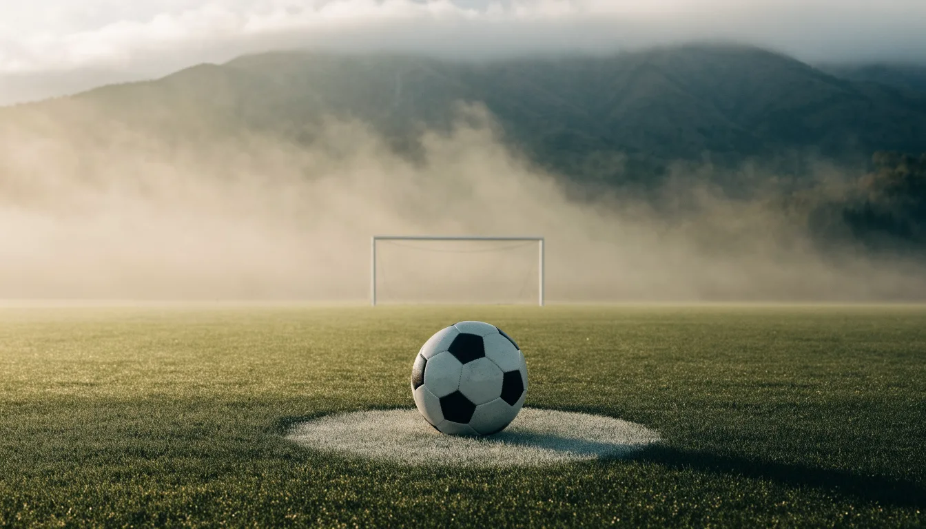 Ein einzelner Fussball auf dem Mittelpunkt eines leeren Rasens im Morgennebel, hinter dem Tor ragen Berge auf