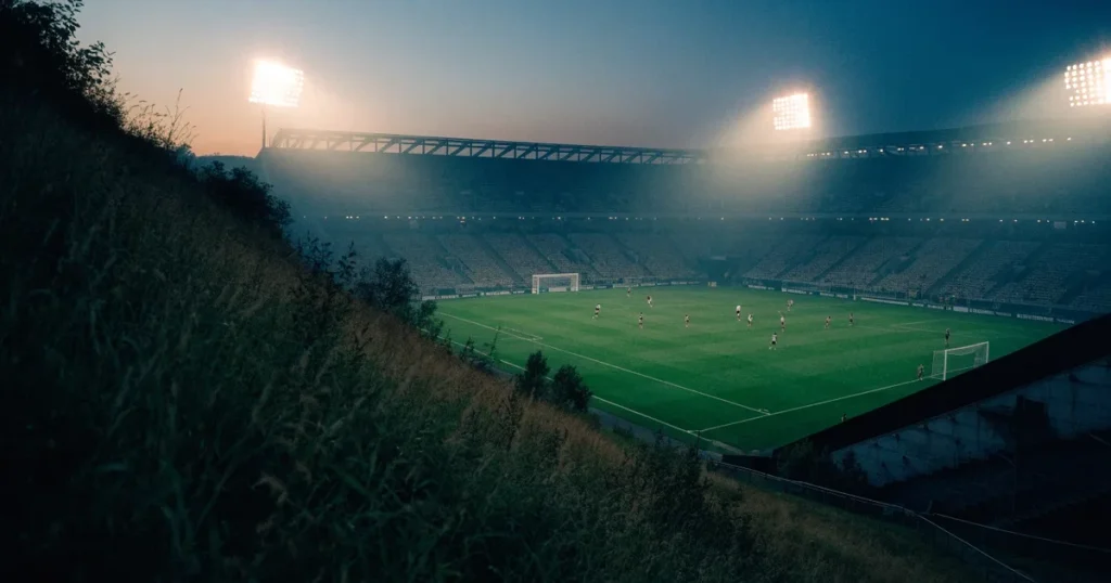 Ein Fussballstadion bei Flutlicht von einer Anhöhe aus gesehen, der Rasen leuchtet grün unter dunklem Abendhimmel