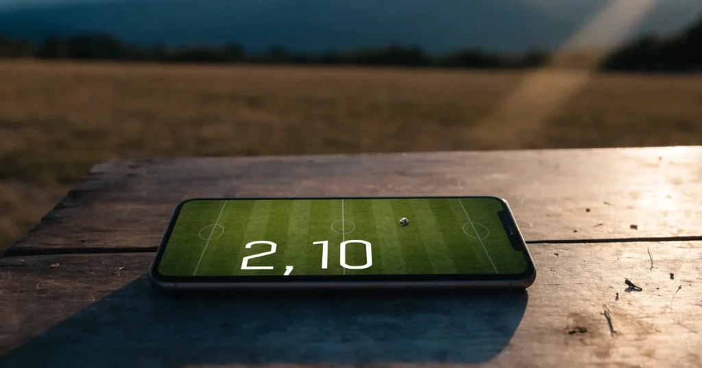 Ein Fussball auf einem staubigen Rasenstück in der Abendsonne, im Hintergrund eine hohe Bergkette