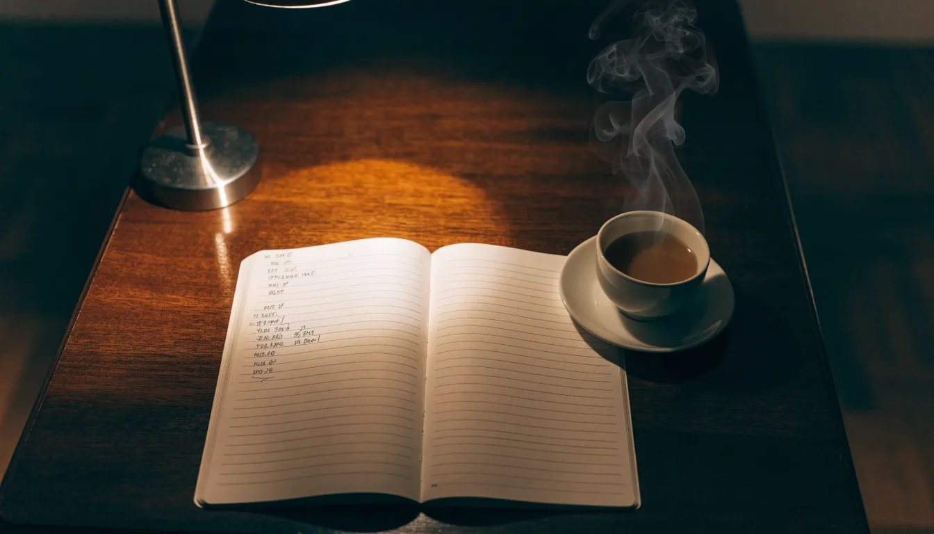 Ein Notizbuch mit handschriftlichen Einträgen und eine Tasse Tee stehen auf einem Tisch neben einer Stehlampe