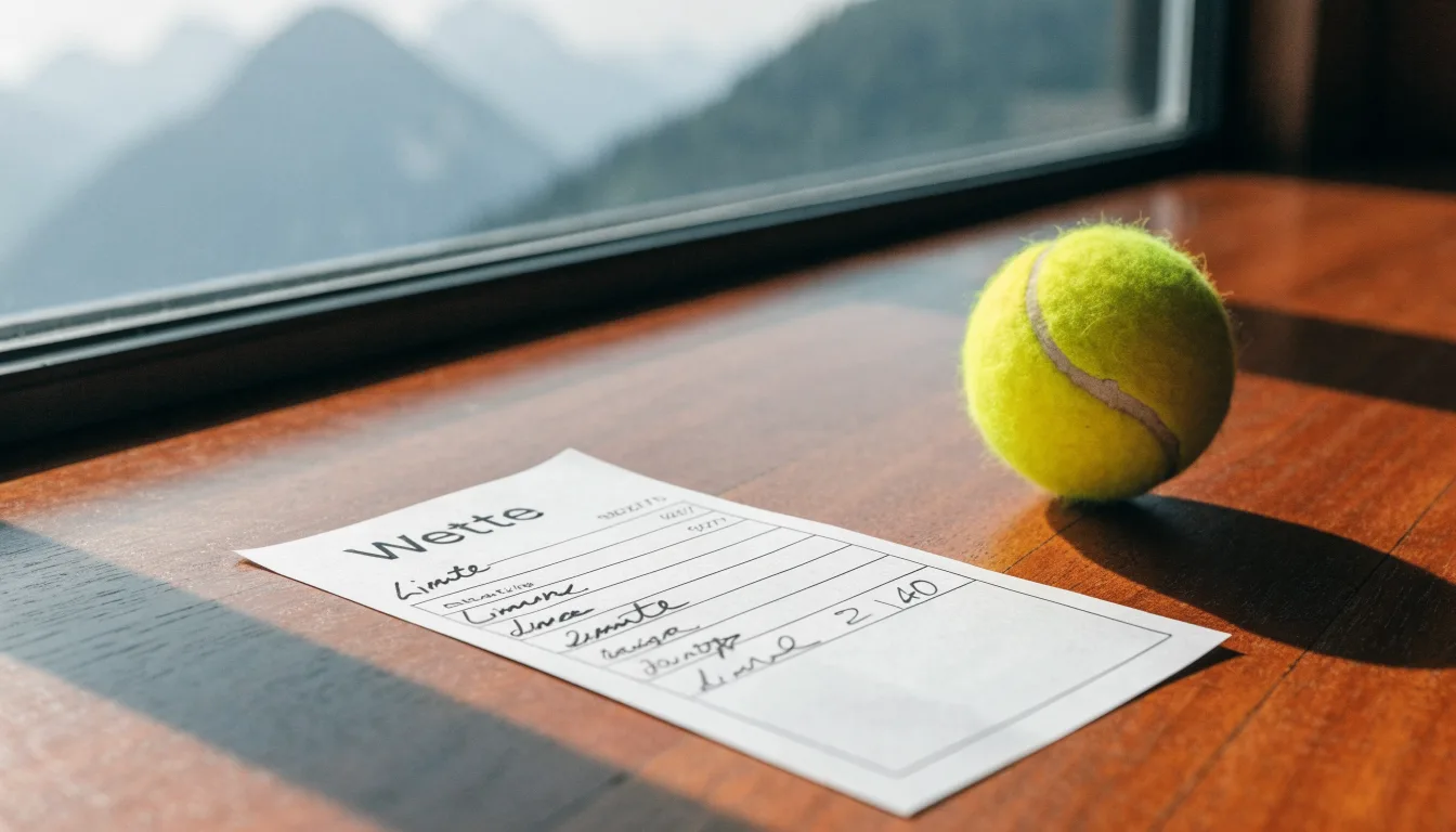 Ein einzelner gelber Tennisball liegt auf einem Holztisch vor einem Fenster mit Alpenblick