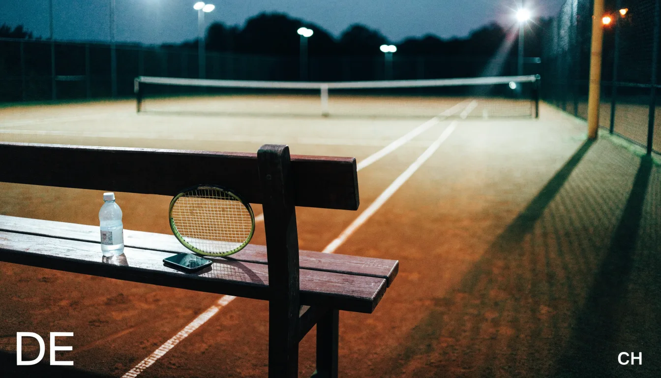 Ein Tennisschläger lehnt an einer Bank neben einer Wasserflasche, am Abend ruht der Platz im Flutlicht, aus der Ferne gesehen