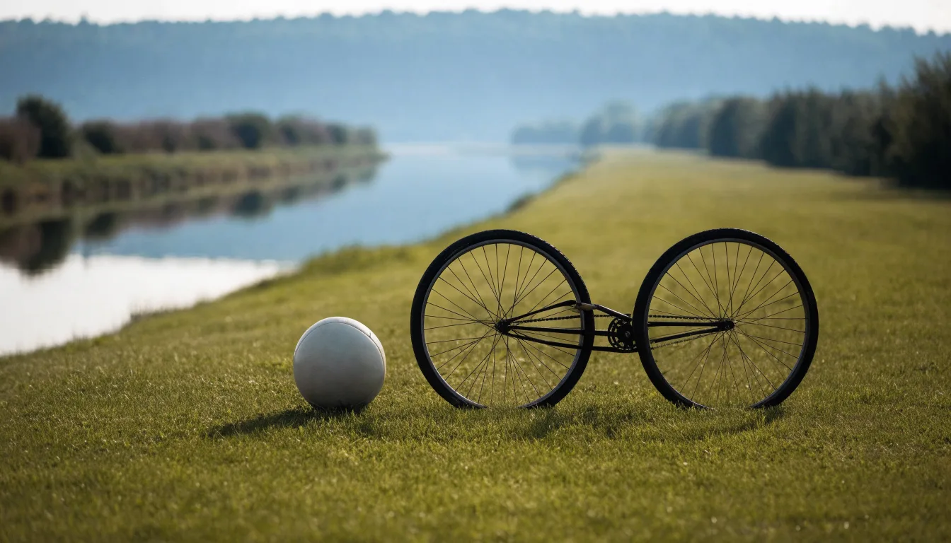 Ein Fussball liegt auf einer Wiese neben einem Fahrrad, im Hintergrund ein Kanal im Morgenlicht