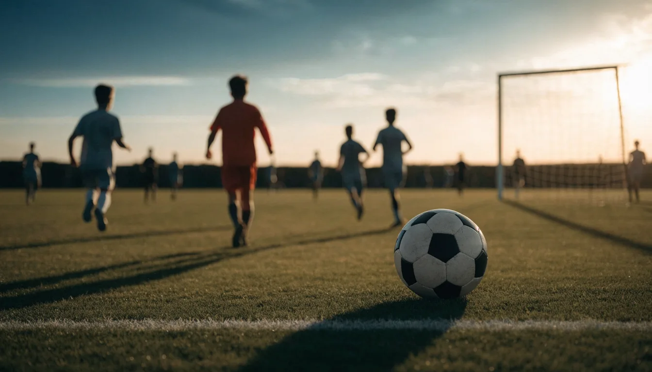 Ein Fussballschuh hängt an den Schnürsenkeln an einem Zaunpfosten neben einem Trainingsplatz im Abendlicht.