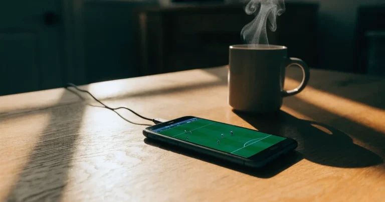 Ein Smartphone mit dunklem Display liegt auf einem Holztisch neben einem Ladekabel und einer Kaffeetasse.