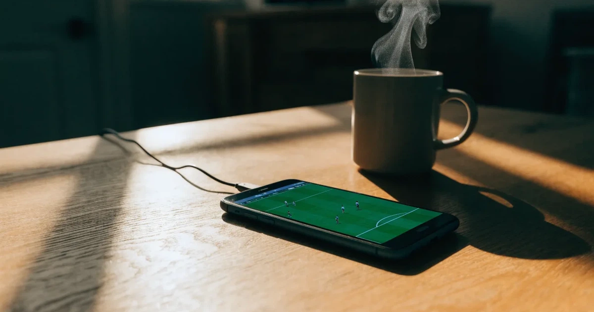 Ein Smartphone mit dunklem Display liegt auf einem Holztisch neben einem Ladekabel und einer Kaffeetasse.