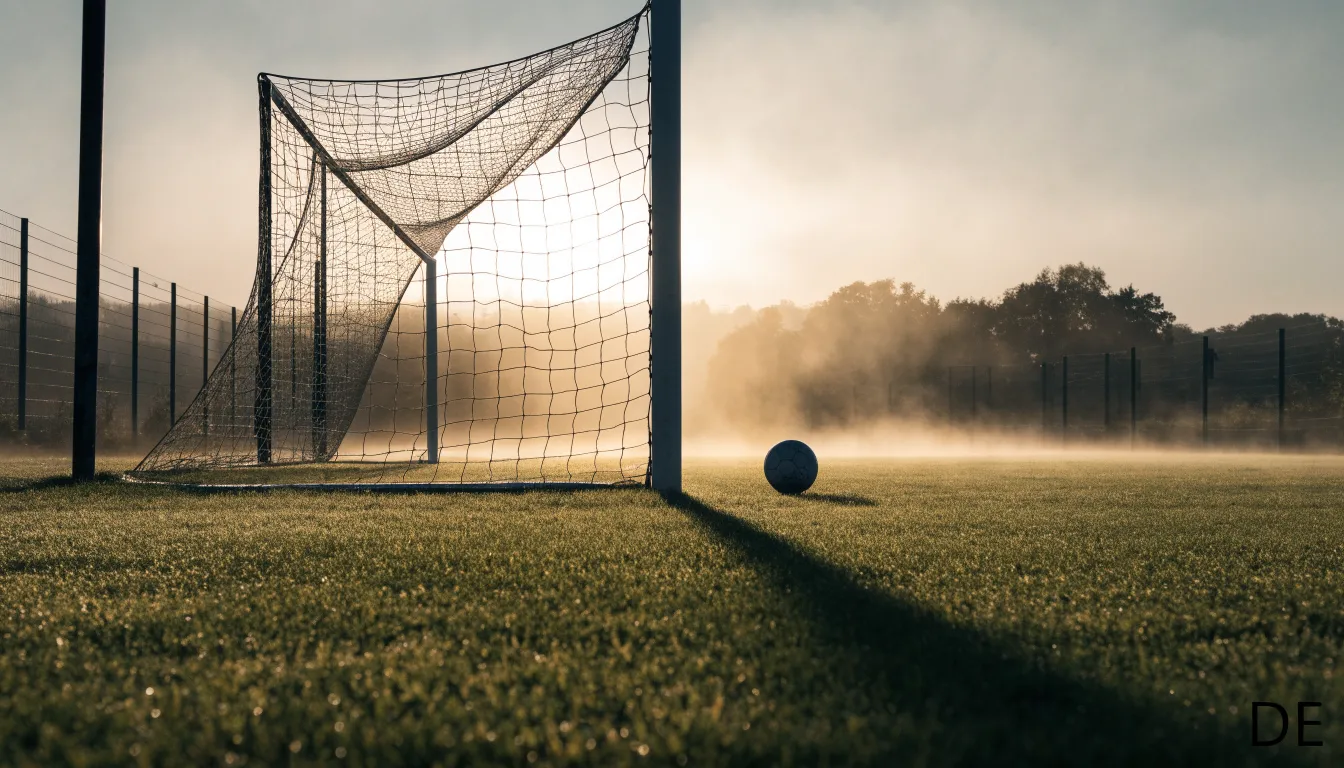 Ein Torpfosten mit Netz steht im Gegenlicht auf einem leeren Fussballplatz, über dem Rasen liegt Nebel.